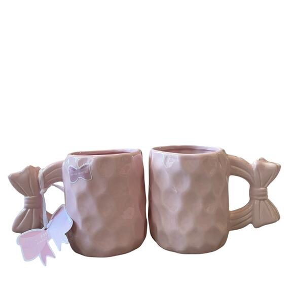 Market Finds Hand Painted Pink Bow Handle Ceramic Coffee Tea Mug Set of 2 NEW - Picture 8 of 13